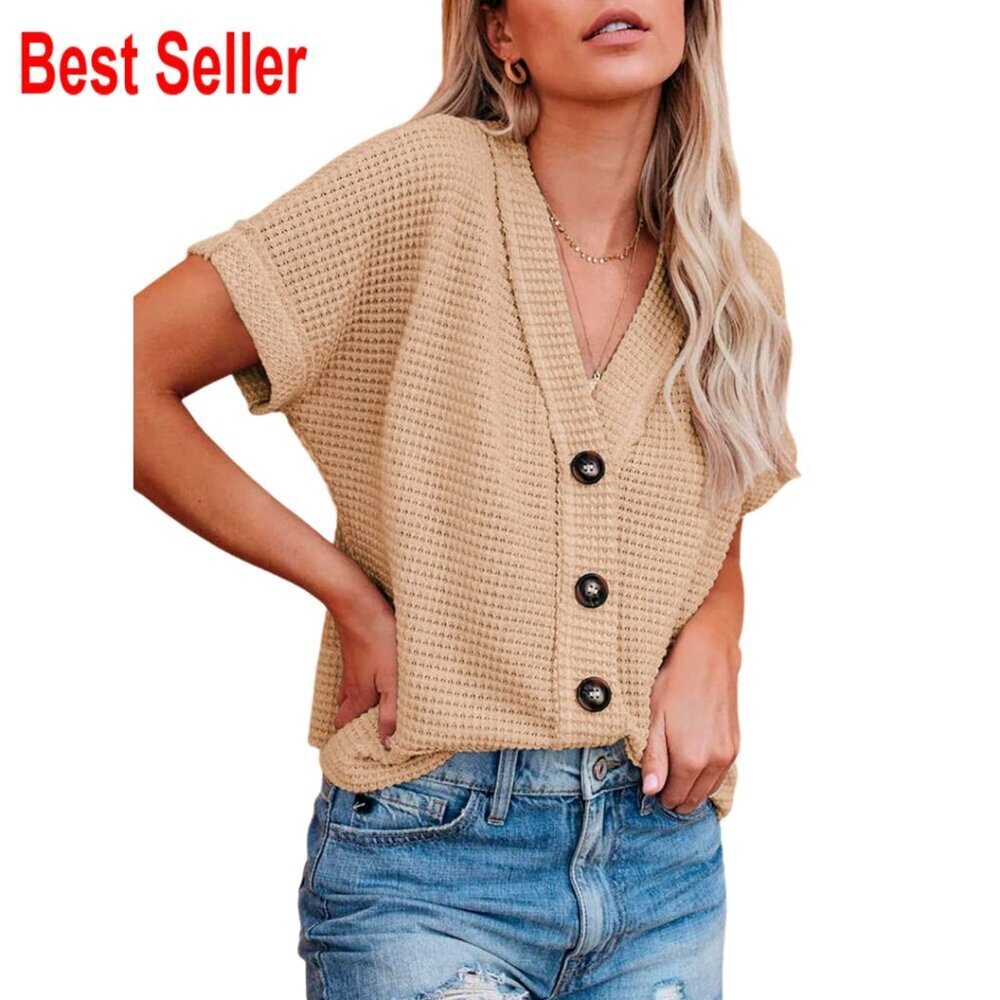 Waffle Knit Button Down Shirt V Neck Short Sleeve Blouse Summer Top